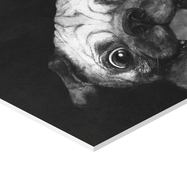 Wanddeko über Sofa Illustration Hund Mops Malerei auf Schwarz Weiß