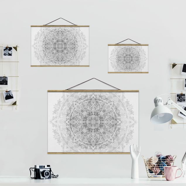 Wanddeko Büro Mandala Aquarell Ornament Muster Schwarz-Weiß