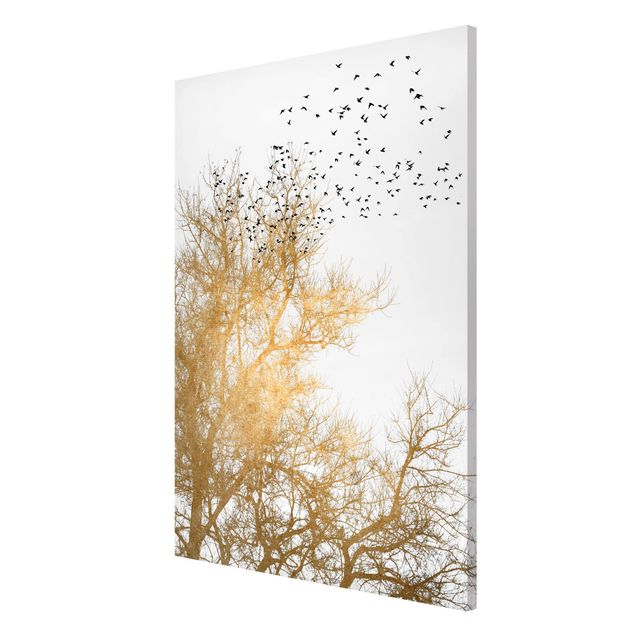 Wanddeko Büro Vogelschwarm vor goldenem Baum