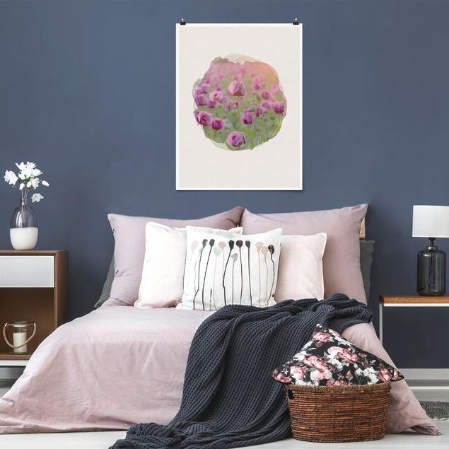 Wanddeko beige Wasserfarben - Violette Schlafmohn Blumenwiese im Frühling