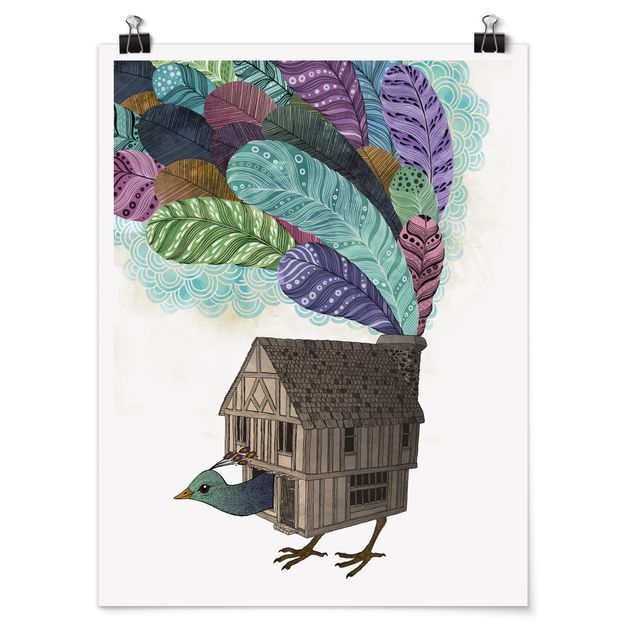 Wanddeko Büro Illustration Vogel Haus mit Federn