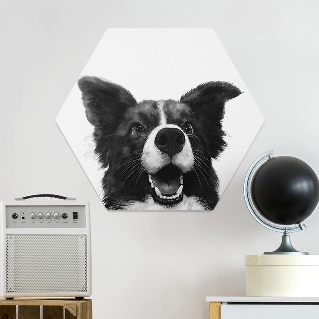 Wanddeko Schlafzimmer Illustration Hund Border Collie Schwarz Weiß Malerei