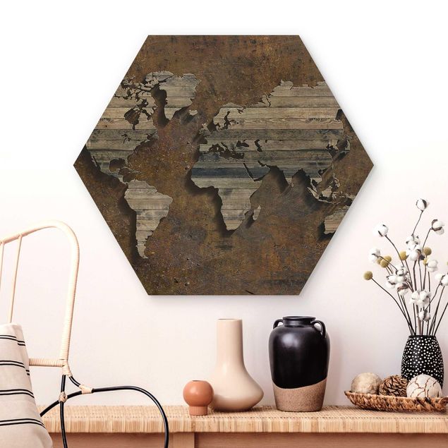 Wanddeko braun Holz Rost Weltkarte
