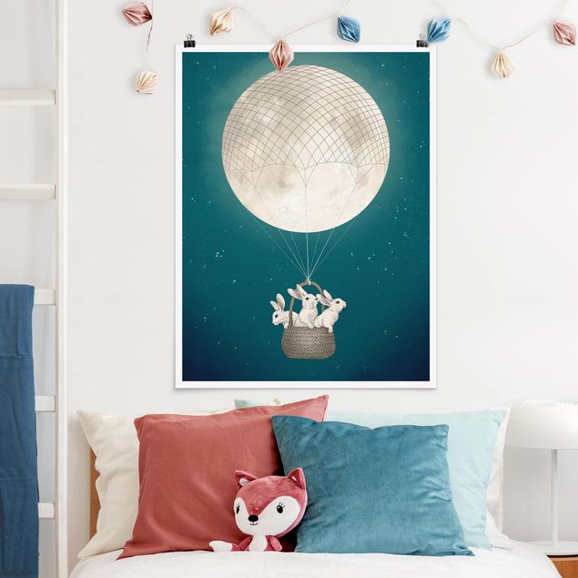 Wanddeko Flur Illustration Hasen Mond-Heißluftballon Sternenhimmel