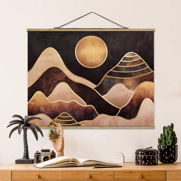 Wanddeko Wohnzimmer Goldene Sonne abstrakte Berge