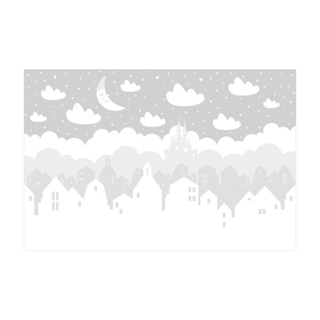 Wanddeko Jungenzimmer Sternenhimmel mit Häusern und Mond in grau