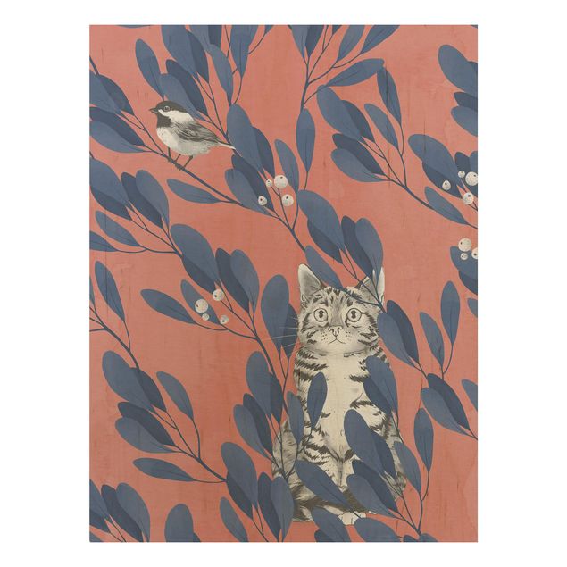 Wanddeko Esszimmer Illustration Katze und Vogel auf Ast Blau Rot