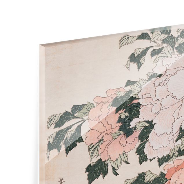Wanddeko Schmetterlinge Katsushika Hokusai - Rosa Pfingstrosen mit Schmetterling