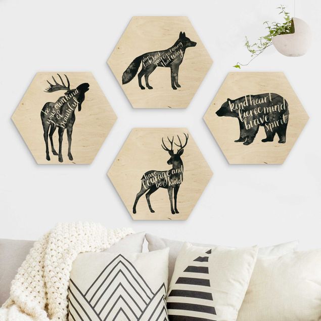 4-teilig Tiere mit Weisheit Set I Hexagon Bild auf Holz | WALLART