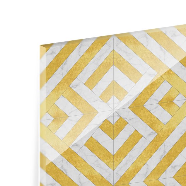 Glasrückwand Küche Steinoptik Geometrischer Fliesenmix Art Deco Gold Marmor