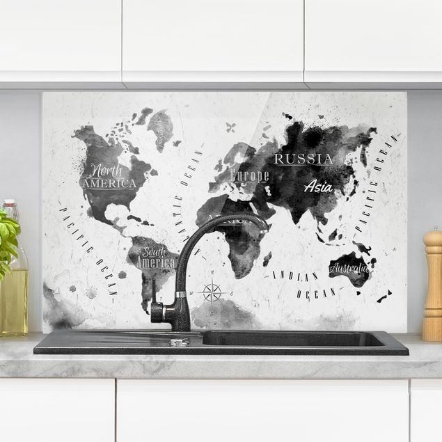 Küche Dekoration Weltkarte Aquarell schwarz