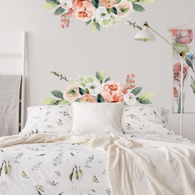 Wanddeko Schlafzimmer Aquarell Rosa Blüten Wiese XXL