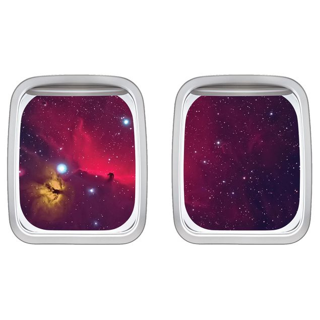 Wanddeko Büro Doppelfenster Flugzeug Farbenfrohe Galaxie