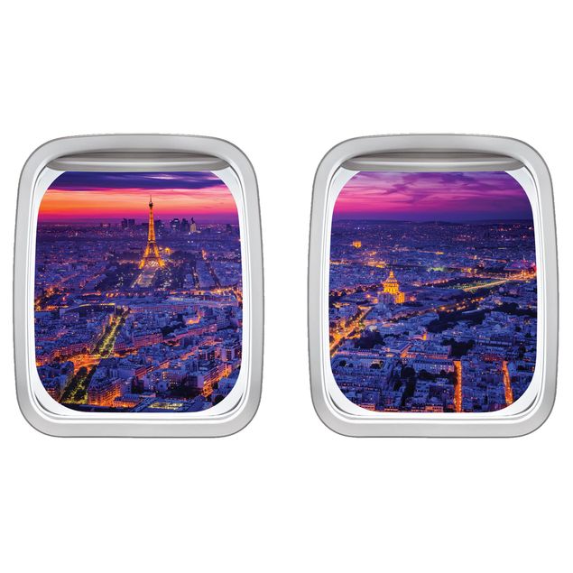 Wanddeko Flur Doppelfenster Flugzeug Paris bei Nacht