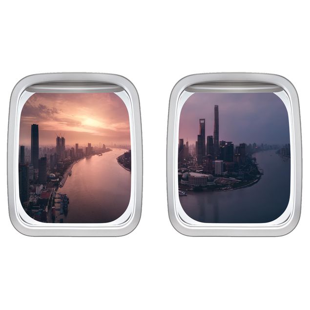 Wanddeko Flur Doppelfenster Flugzeug Sonnenaufgang in Shanghai