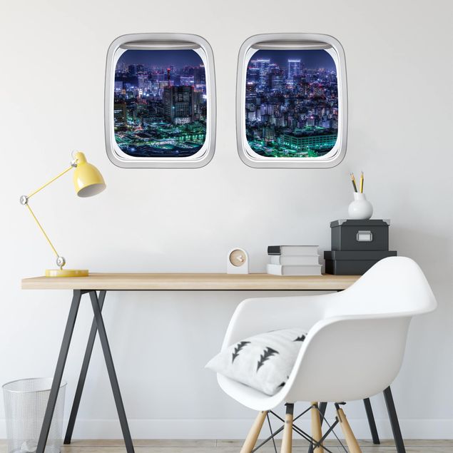 Wanddeko Schlafzimmer Doppelfenster Flugzeug Tokio bei Nacht