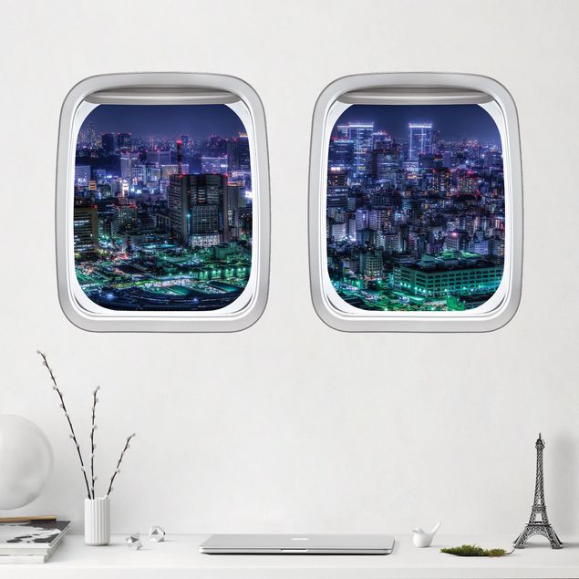 Wanddeko 3D Doppelfenster Flugzeug Tokio bei Nacht