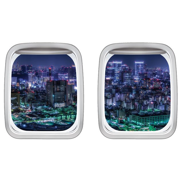 Wanddeko Flur Doppelfenster Flugzeug Tokio bei Nacht