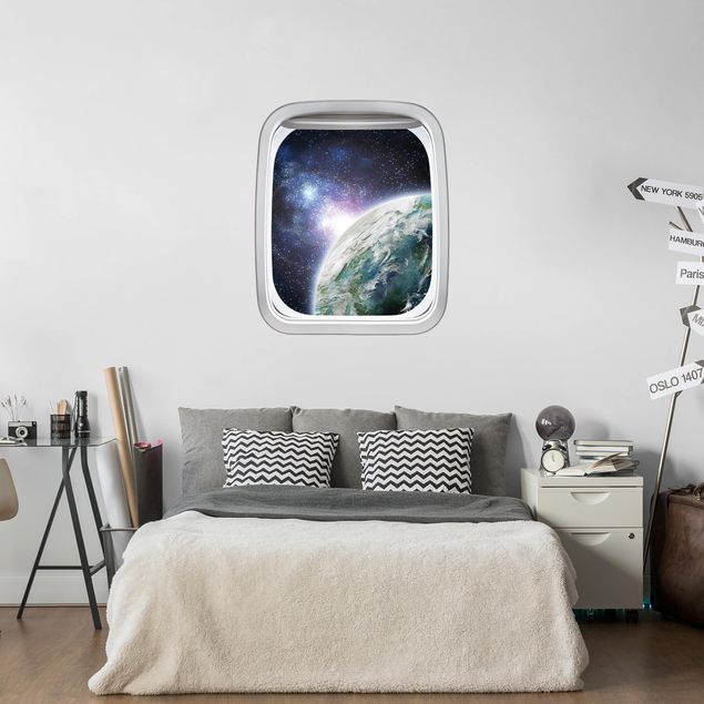 Wanddeko 3D Fenster Flugzeug Galaxy Light