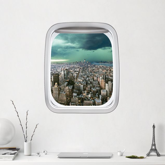 Deko 3D Fenster Flugzeug Skyline New York im Gewitter