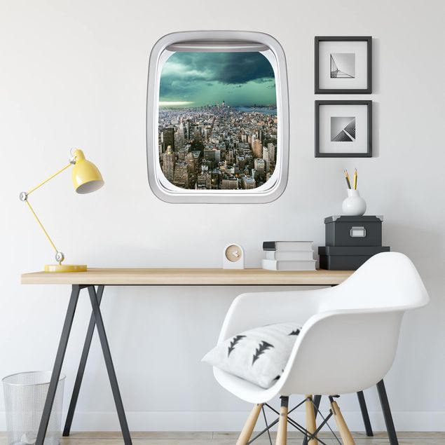 Wanddeko Schlafzimmer Fenster Flugzeug Skyline New York im Gewitter