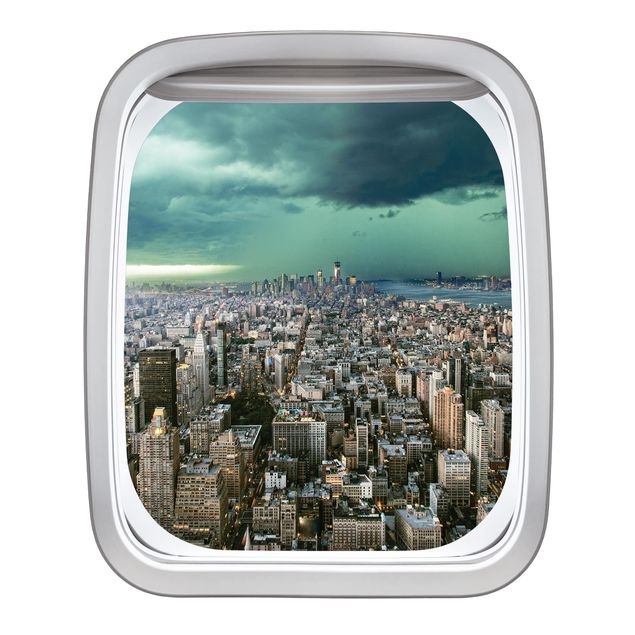 Wanddeko Flur Fenster Flugzeug Skyline New York im Gewitter