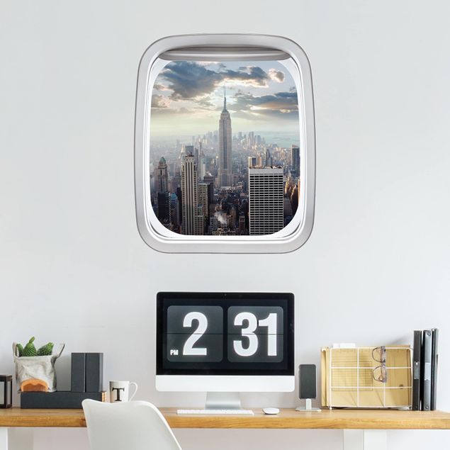 Wanddeko 3D Fenster Flugzeug Sonnenaufgang in New York