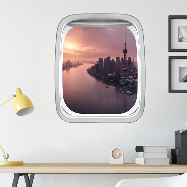 Wanddeko 3D Fenster Flugzeug Sonnenaufgang in Shanghai