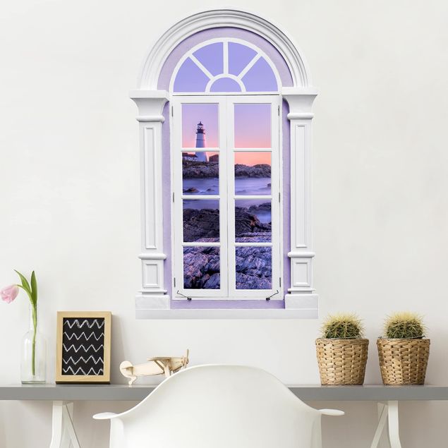 Deko 3D Fenster Mediterran Leuchtturm am Morgen