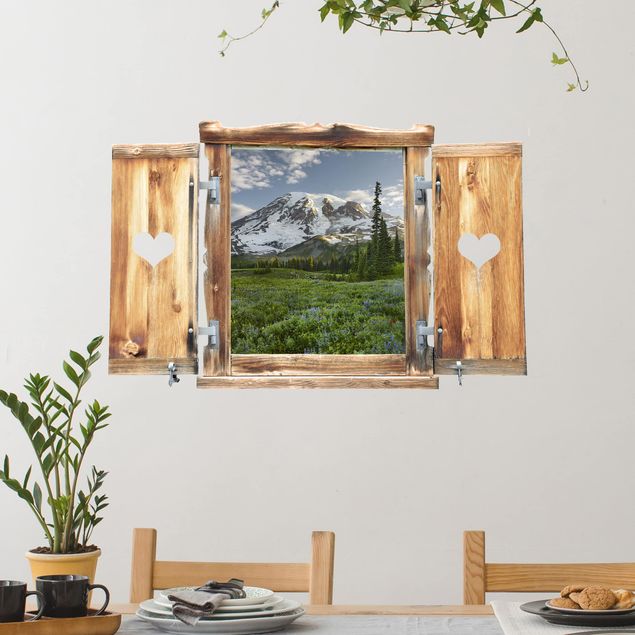 Wohndeko 3D Fenster mit Herz Bergblick Wiesenpfad