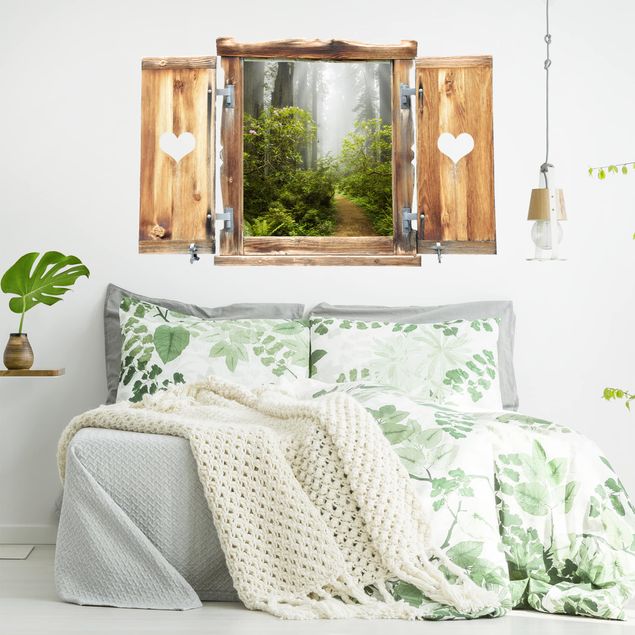Wanddeko Schlafzimmer Fenster mit Herz Nebliger Waldpfad