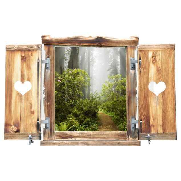 Wanddeko Flur Fenster mit Herz Nebliger Waldpfad