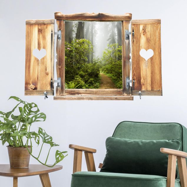 Wanddeko 3D Fenster mit Herz Nebliger Waldpfad