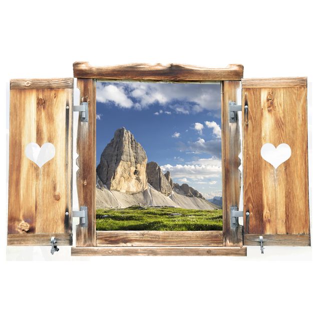 Wanddeko Flur Fenster mit Herz Südtiroler Zinnen und Wasserspiegelung