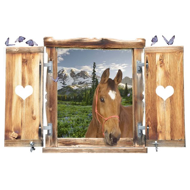 Wanddeko Flur Fenster mit Herz und Pferd Bergblick Wiesenpfad