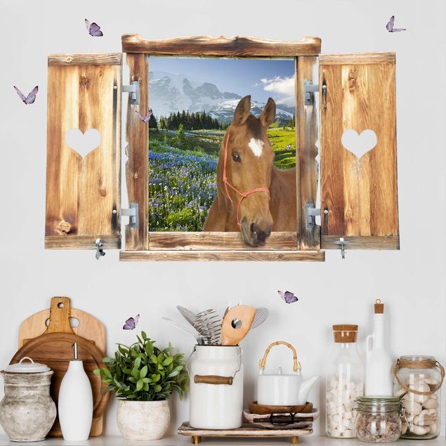 Deko 3D Fenster mit Herz und Pferd Bergwiese mit Blumen
