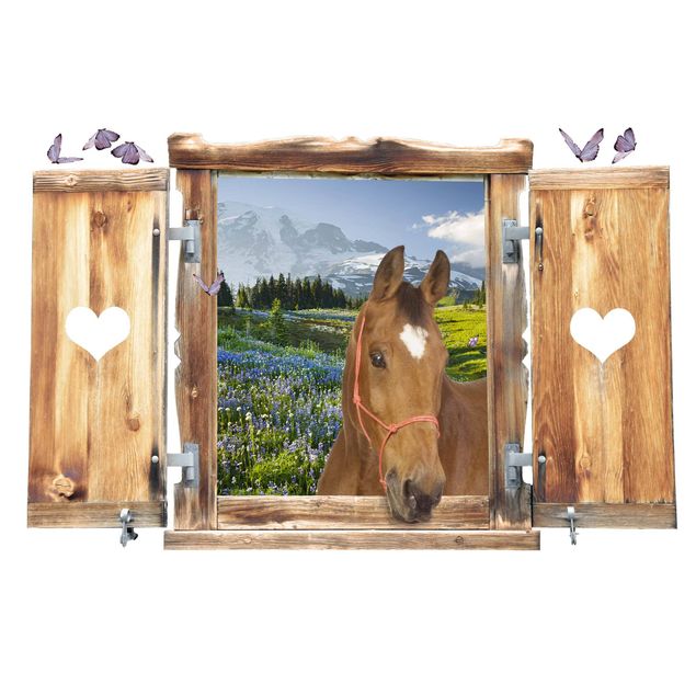 Wanddeko Flur Fenster mit Herz und Pferd Bergwiese mit Blumen