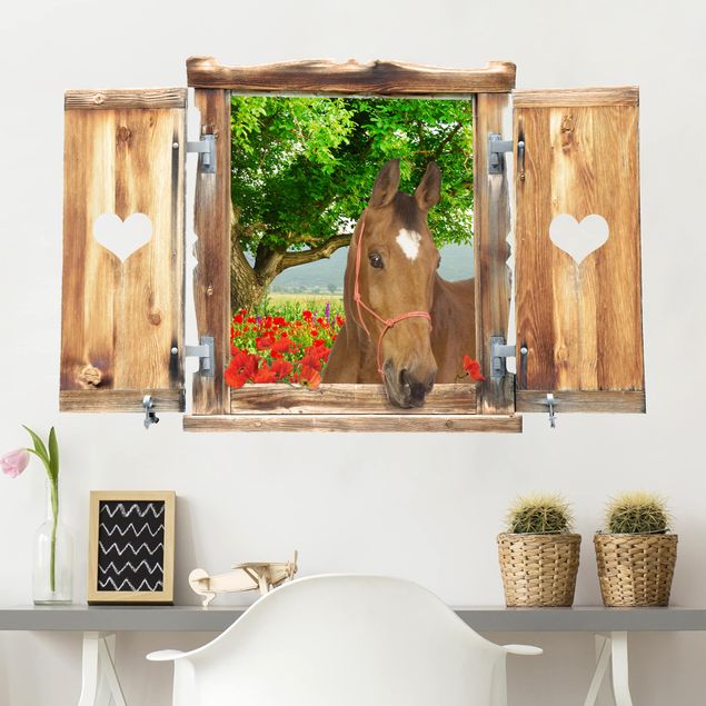Wohndeko 3D Fenster mit Herz und Pferd Sommerwiese