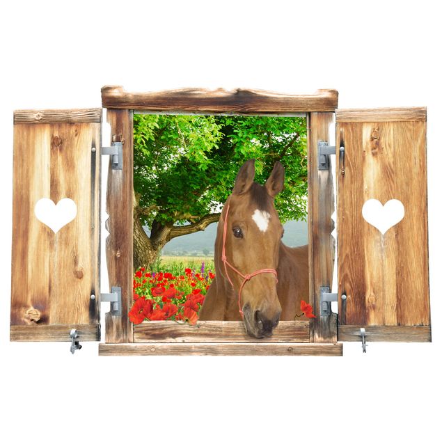 Wanddeko Flur Fenster mit Herz und Pferd Sommerwiese