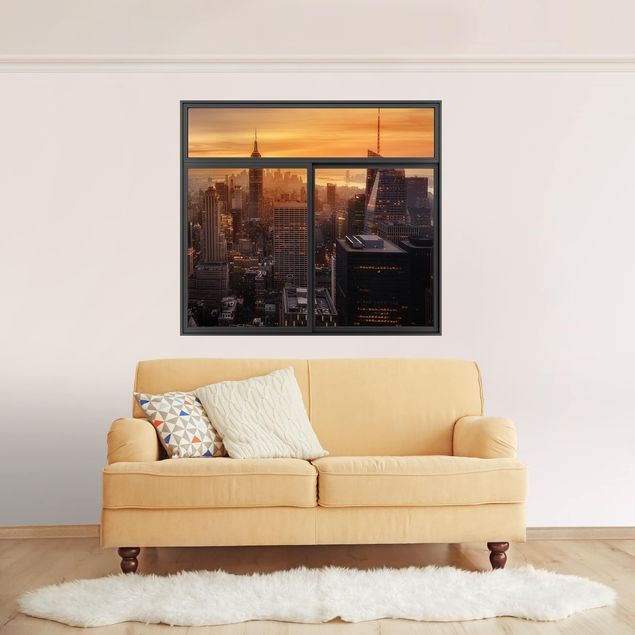 Wanddeko Schlafzimmer Fenster Schwarz Manhattan Skyline Abendstimmung