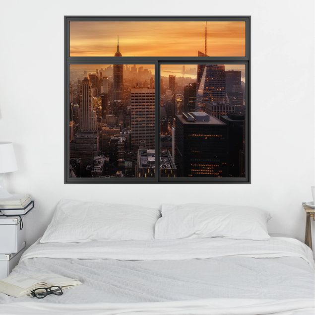Wanddeko 3D Fenster Schwarz Manhattan Skyline Abendstimmung