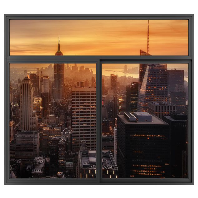 Wanddeko Flur Fenster Schwarz Manhattan Skyline Abendstimmung