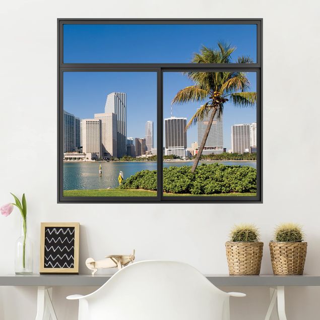 Deko 3D Fenster Schwarz Miami Beach Skyline