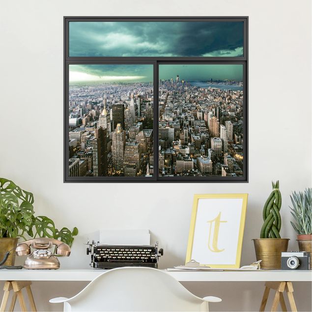 Wohndeko 3D Fenster Schwarz Skyline New York im Gewitter