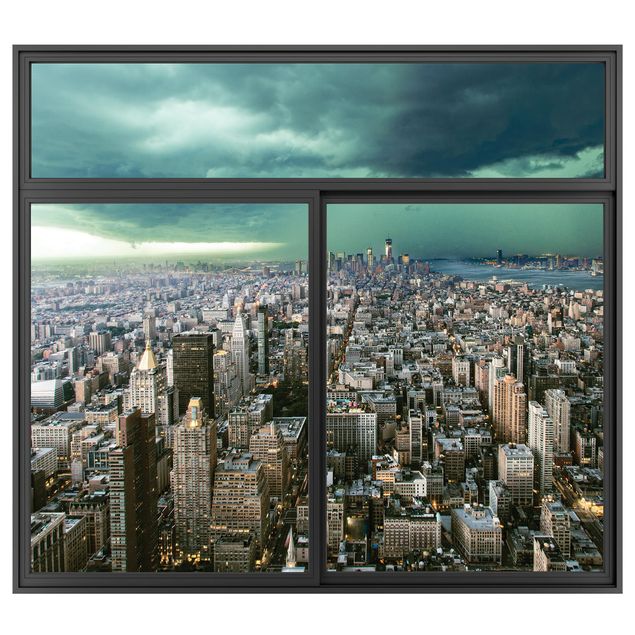 Wanddeko Flur Fenster Schwarz Skyline New York im Gewitter