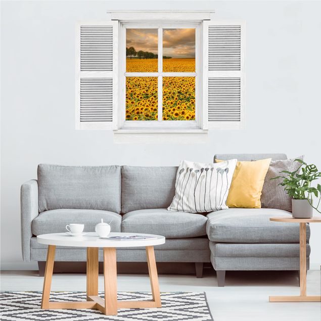 Wanddeko Schlafzimmer Flügelfenster Feld mit Sonnenblumen