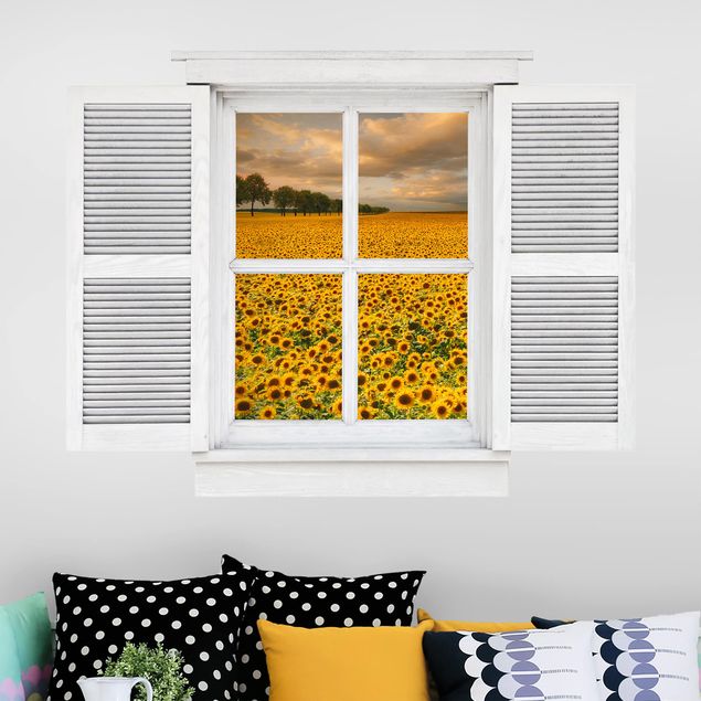 Wohndeko 3D Flügelfenster Feld mit Sonnenblumen