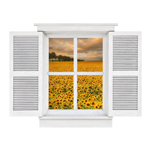 Wanddeko Flur Flügelfenster Feld mit Sonnenblumen