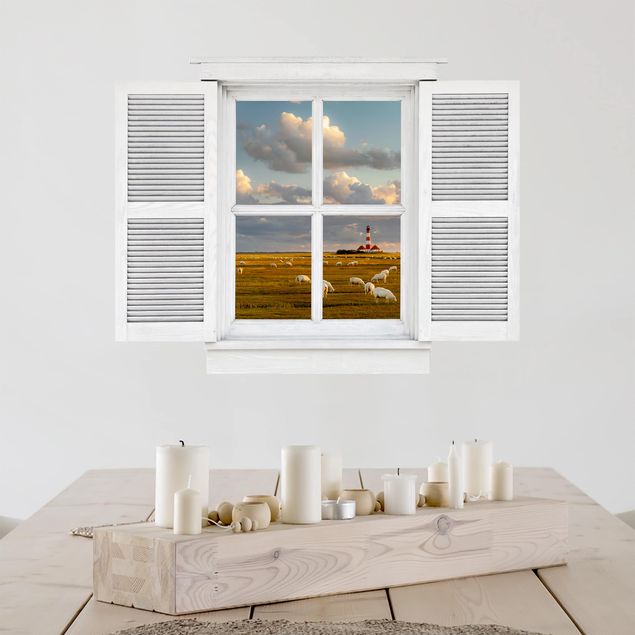 Deko 3D Flügelfenster Nordsee Leuchtturm mit Schafsherde