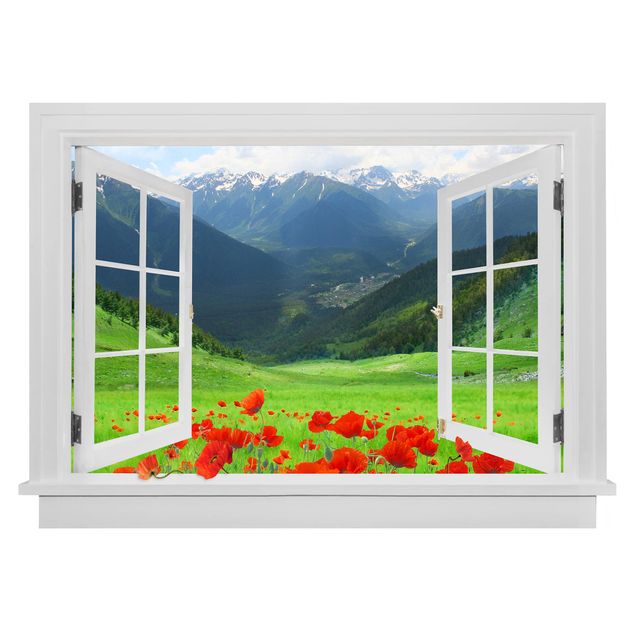 Wanddeko Flur Offenes Fenster Alpenwiese und Mohn